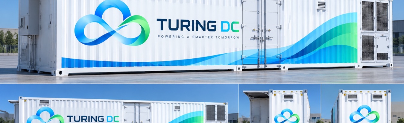 Turing DC modular data centre container design, shown as a long white unit with blue and green livery.